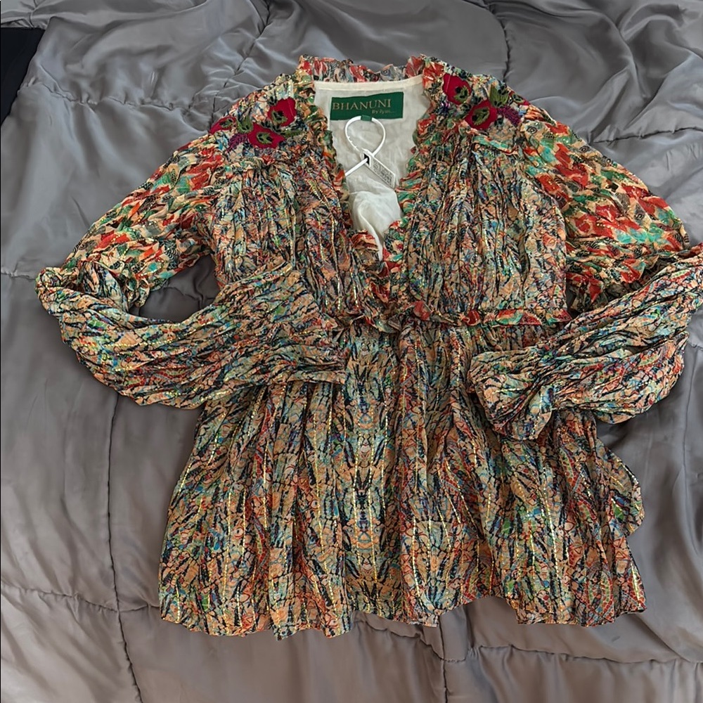 Beautiful embroidered multicolor Ruched Long Sleeve Blouse with gold thread work